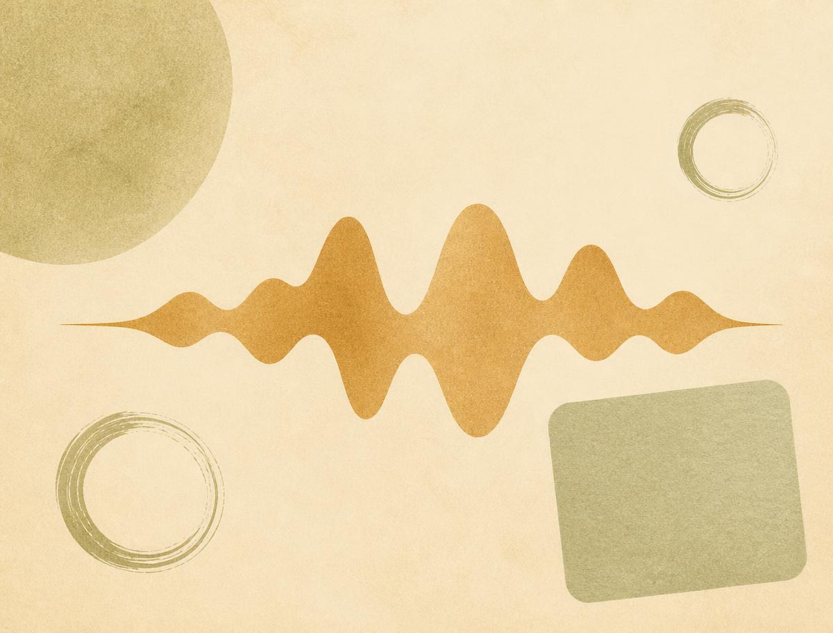 A honey-coloured sound wave beside a pale sage card and loose circular marks